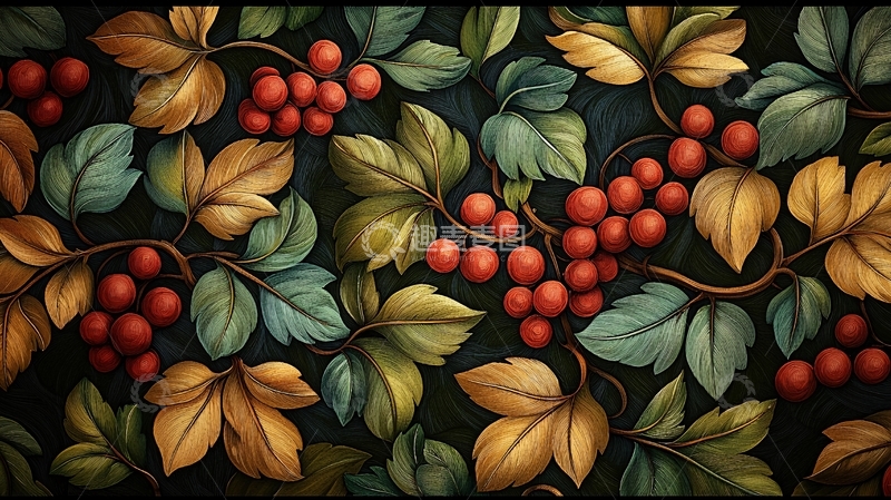 高清大图下载【趣麦麦图】葡萄和树叶的复古图案