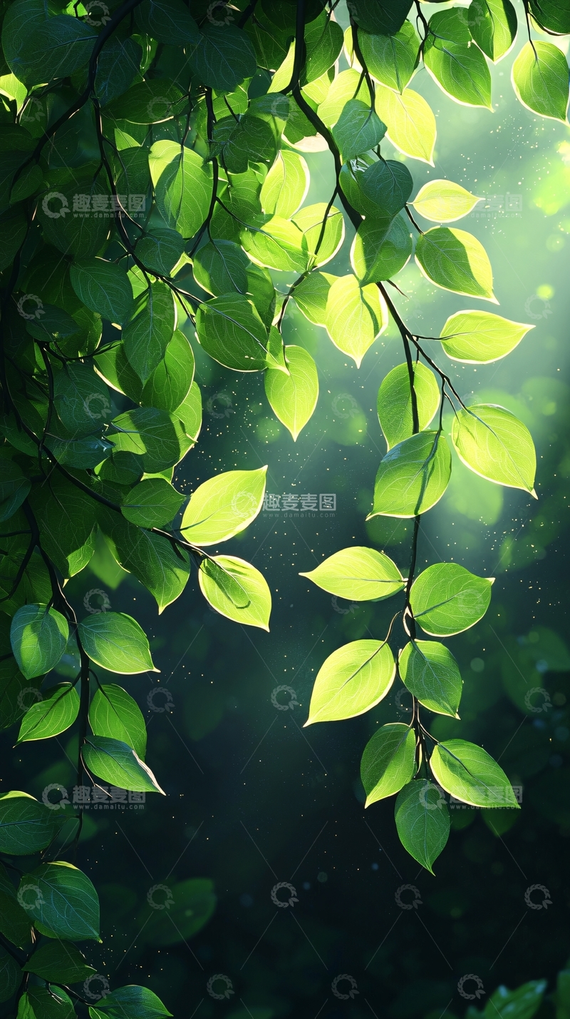 高清大图下载【趣麦麦图】翠绿树叶在阳光下闪耀
