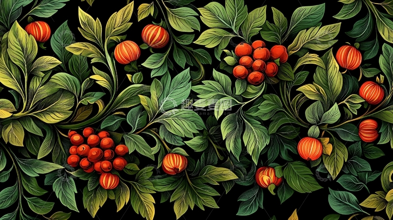 高清大图下载【趣麦麦图】植物蔓延水果图案背景