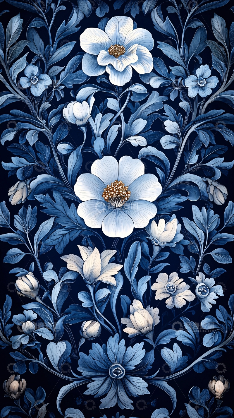 高清大图下载【趣麦麦图】蓝色花卉植物图案壁纸