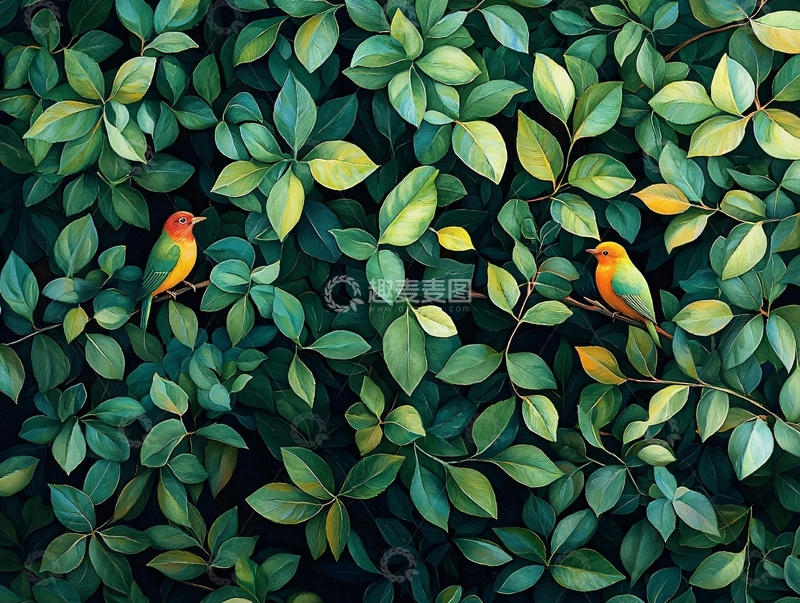 高清大图下载【趣麦麦图】两只小鸟栖息在绿叶中