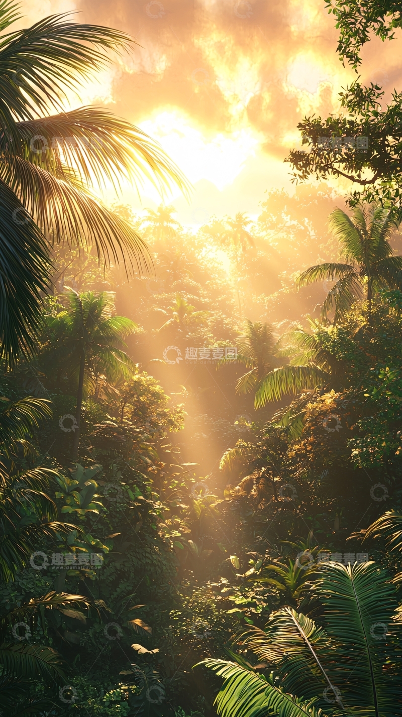 高清大图下载【趣麦麦图】阳光穿过茂密的热带雨林