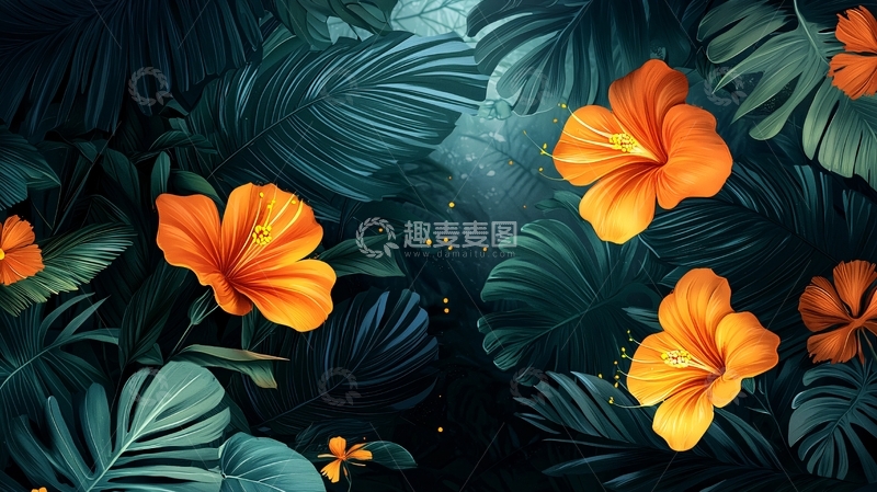 高清大图下载【趣麦麦图】热带花卉与绿叶的暗调背景