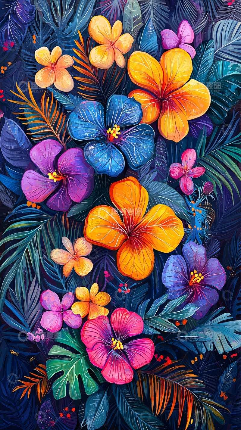 高清大图下载【趣麦麦图】热带花卉丛林画作
