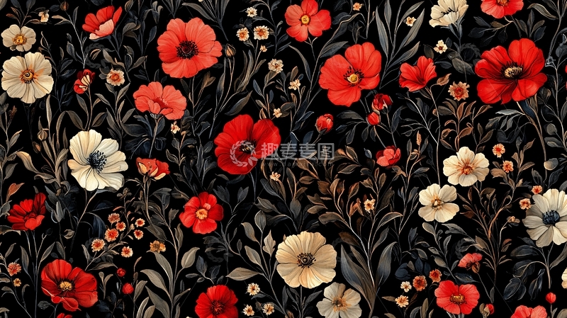 高清大图下载【趣麦麦图】红白花朵黑色背景图案