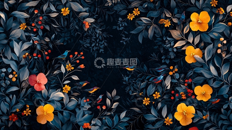 高清大图下载【趣麦麦图】鲜花与叶子的深色背景
