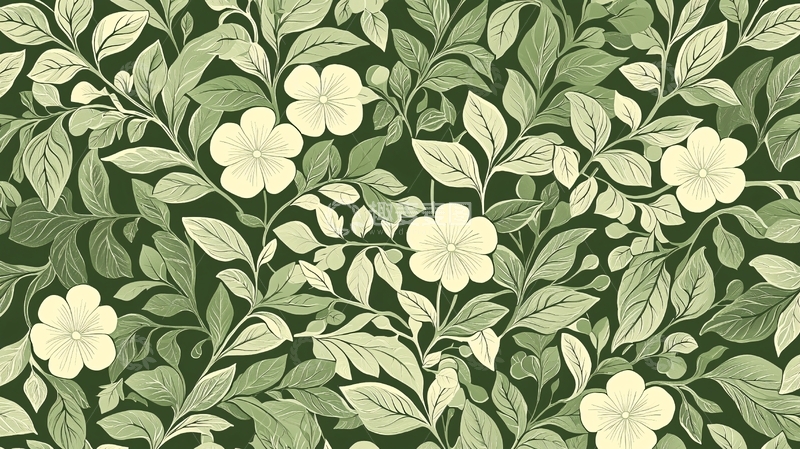 高清大图下载【趣麦麦图】绿叶白花平铺图案