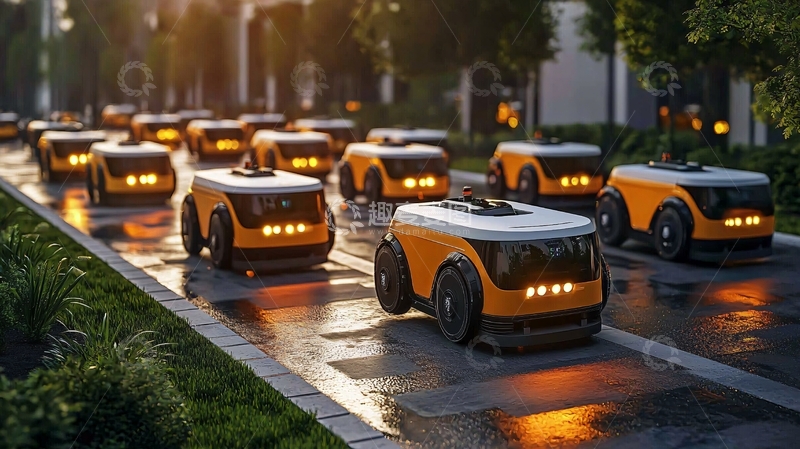 高清大图下载【趣麦麦图】自动驾驶送货机器人队列