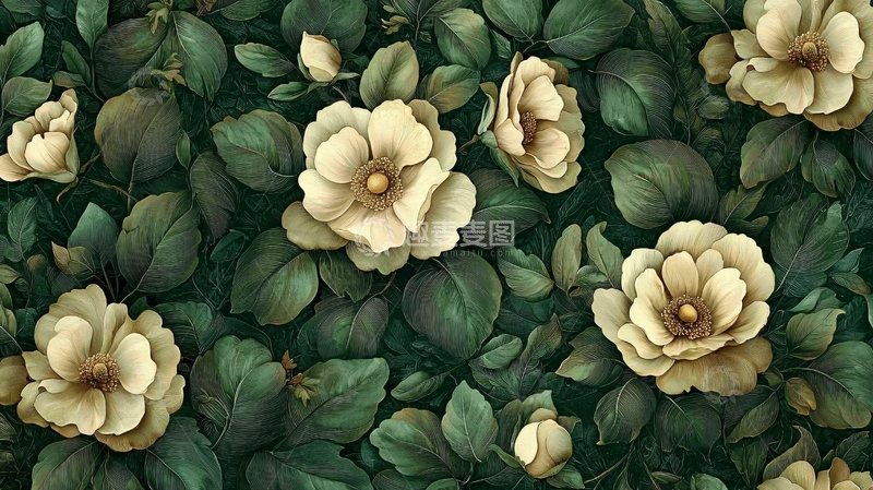 高清大图下载【趣麦麦图】米色玫瑰与绿叶的图案