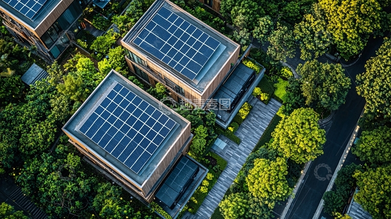 高清大图下载【趣麦麦图】屋顶有太阳能板的建筑