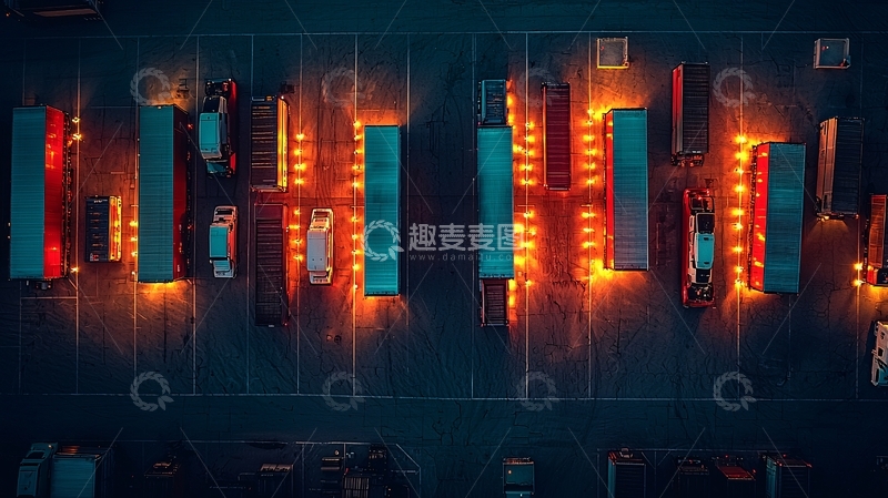 高清大图下载【趣麦麦图】夜间货运车辆整齐排列