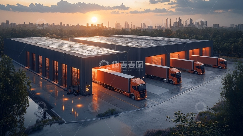 高清大图下载【趣麦麦图】仓库外停着几辆卡车