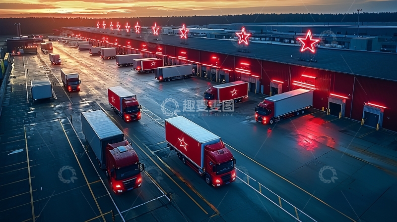 高清大图下载【趣麦麦图】货运卡车在仓库前排列
