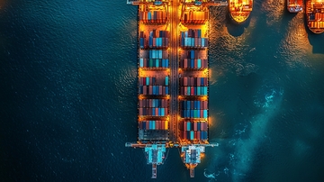 货船停靠在港口装卸货物