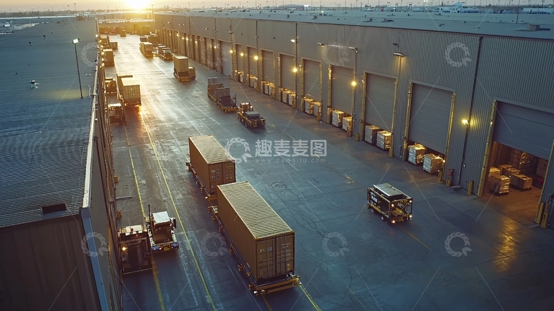 高清大图下载【趣麦麦图】仓库外的卡车装卸货物