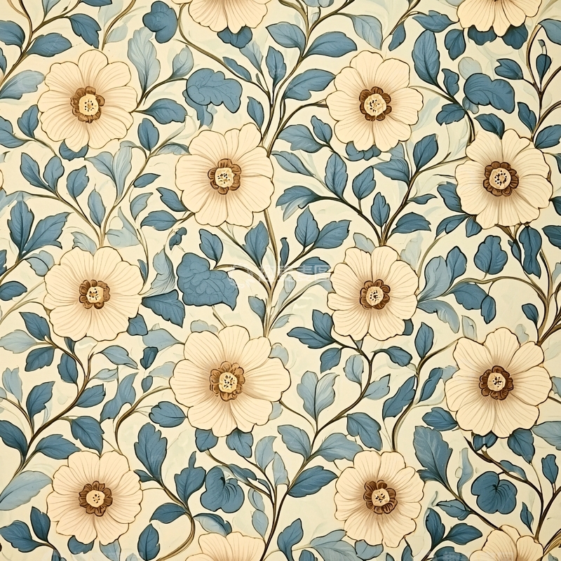 高清大图下载【趣麦麦图】淡色花朵与蓝色叶子交织的复古图案