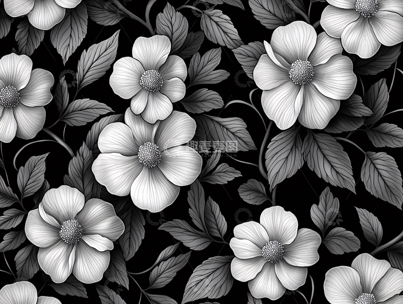 高清大图下载【趣麦麦图】黑白花卉图案
