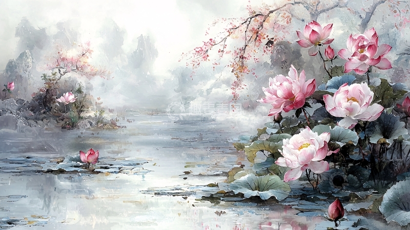 高清大图下载【趣麦麦图】水墨风荷花盛开的景象