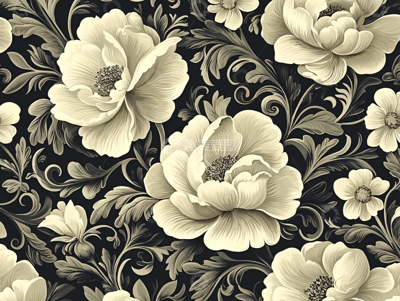 高清大图下载【趣麦麦图】米色花朵在黑色背景上重复