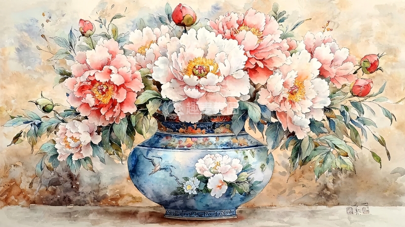高清大图下载【趣麦麦图】花瓶中的水彩牡丹花