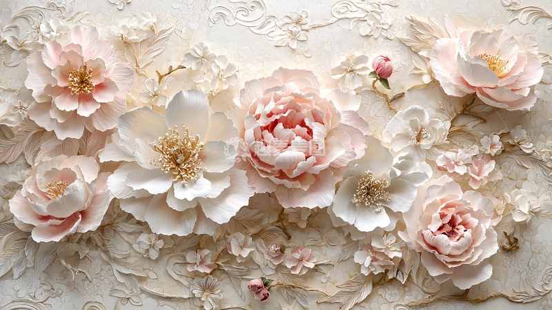 高清大图下载【趣麦麦图】淡粉色花朵与白色蕾丝背景