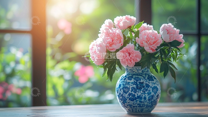 高清大图下载【趣麦麦图】窗边花瓶里的粉色鲜花