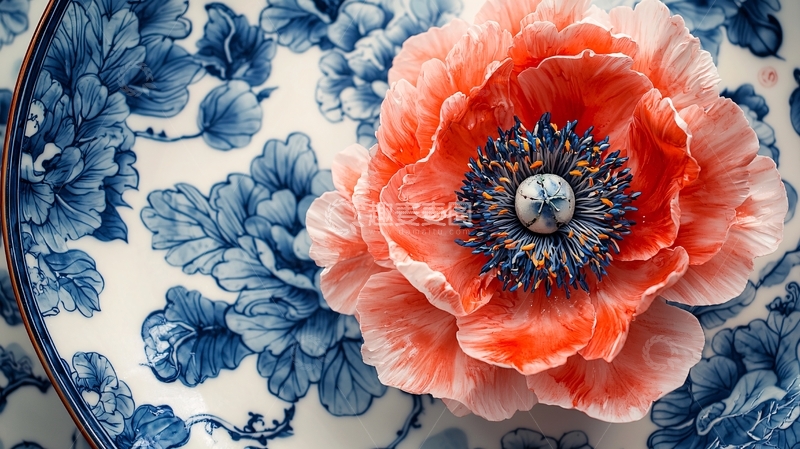 高清大图下载【趣麦麦图】红色花朵在蓝色花纹瓷盘上