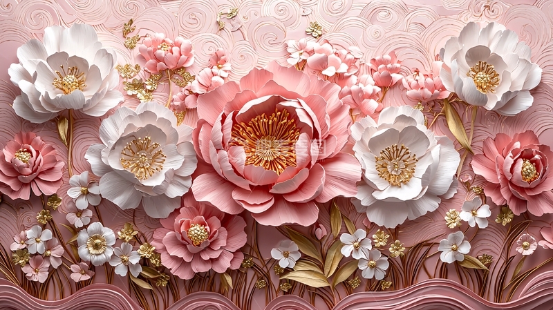 高清大图下载【趣麦麦图】粉色白色立体花卉墙纸