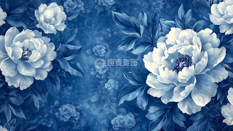 高清大图下载【趣麦麦图】青花瓷风格的牡丹花图