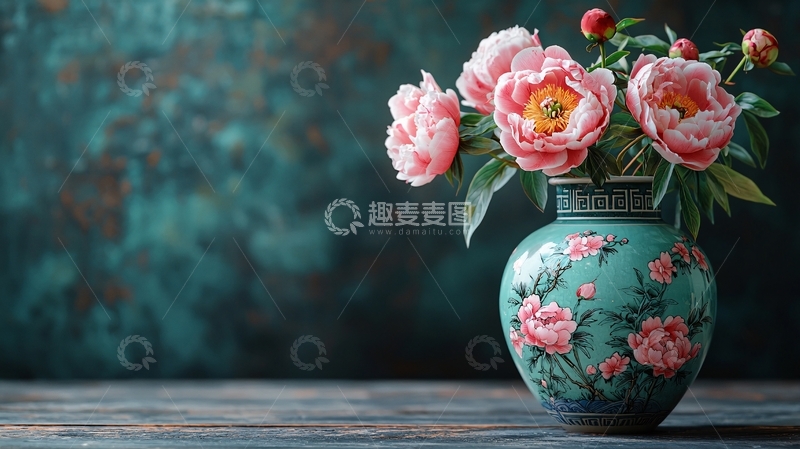 高清大图下载【趣麦麦图】粉色牡丹花在青色花瓶里