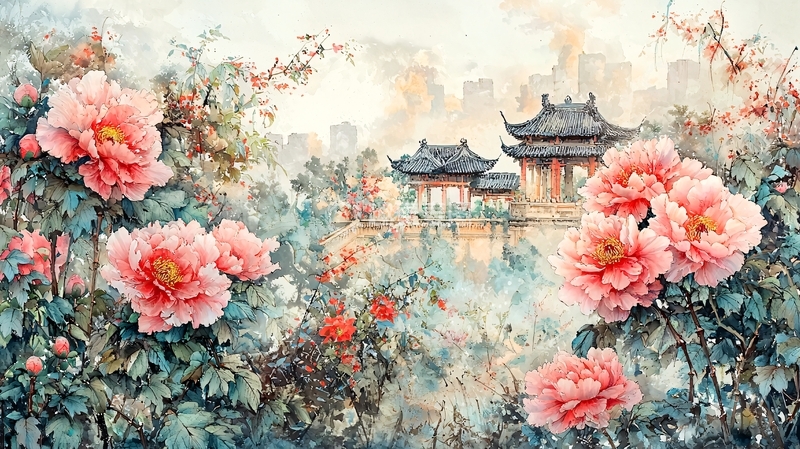 高清大图下载【趣麦麦图】中国风亭台楼阁牡丹花