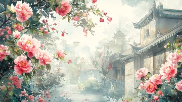 粉色花朵古风建筑