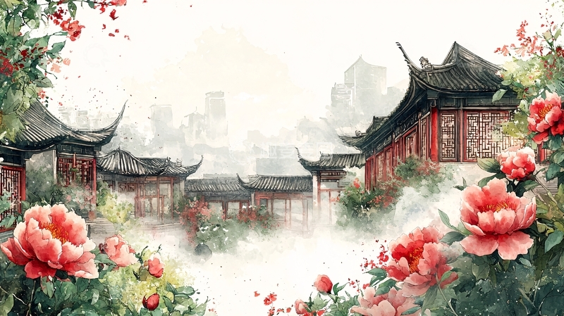 高清大图下载【趣麦麦图】古风建筑与红色花卉交织