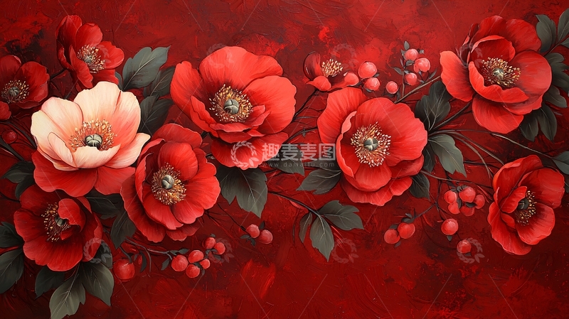 高清大图下载【趣麦麦图】红色花卉与绿叶枝蔓