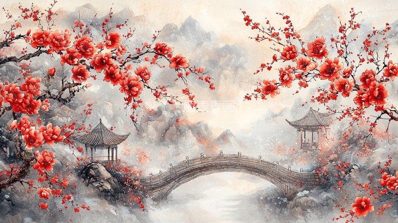 高清大图下载【趣麦麦图】国风山水桃花桥亭