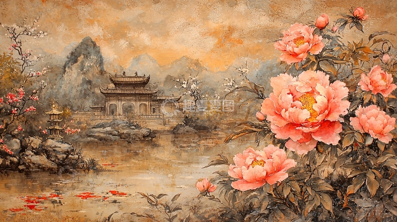 高清大图下载【趣麦麦图】水墨山水桃花盛开的古建筑