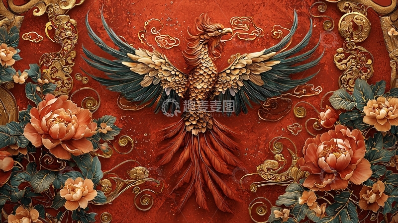 高清大图下载【趣麦麦图】精美凤凰牡丹花纹背景图