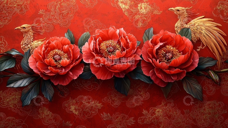 高清大图下载【趣麦麦图】红色牡丹凤凰吉祥图