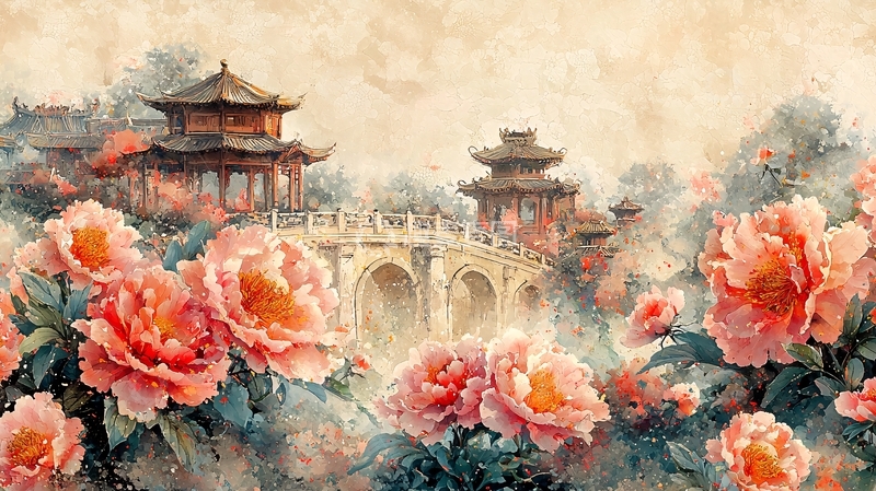 高清大图下载【趣麦麦图】中国风建筑与花卉