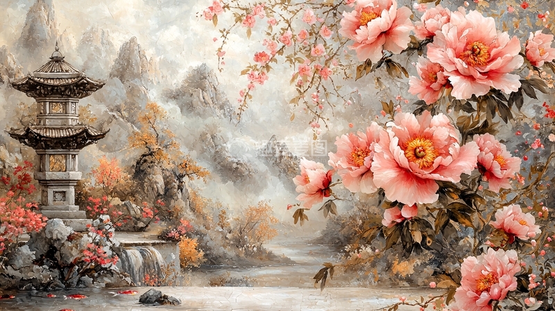 高清大图下载【趣麦麦图】中式山水亭台牡丹花意境图