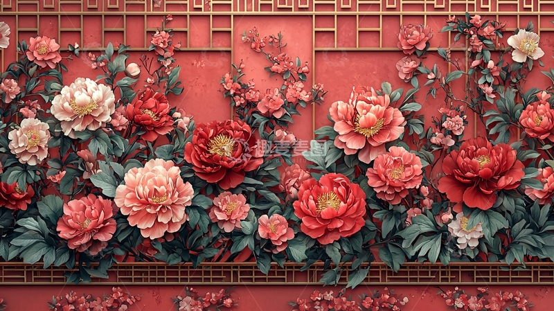 高清大图下载【趣麦麦图】红色背景下的牡丹花盛开