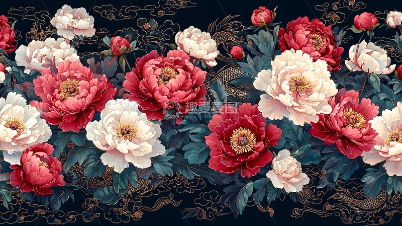 高清大图下载【趣麦麦图】红色与白色牡丹花图案
