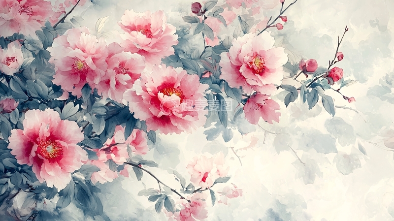 高清大图下载【趣麦麦图】水墨风格的粉色牡丹花