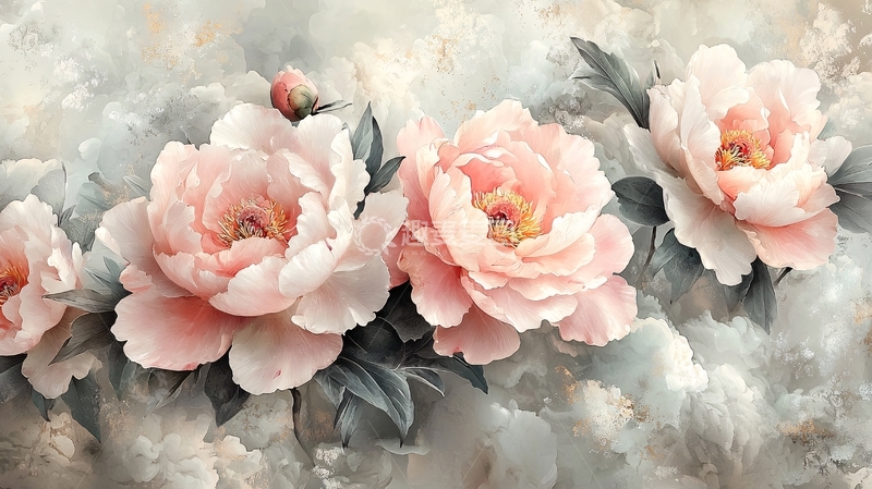 高清大图下载【趣麦麦图】淡粉色牡丹花朵云雾背景