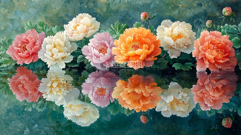 高清大图下载【趣麦麦图】水面倒影的各色牡丹花