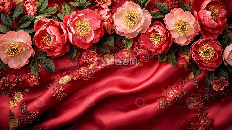 高清大图下载【趣麦麦图】红色绸缎上的牡丹花