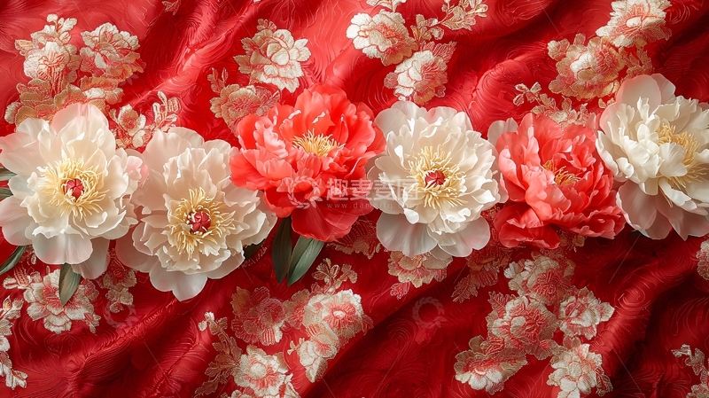 高清大图下载【趣麦麦图】红色绸缎上的白色和红色牡丹