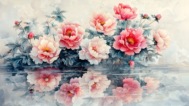 高清大图下载【趣麦麦图】水面倒影下的粉色牡丹花