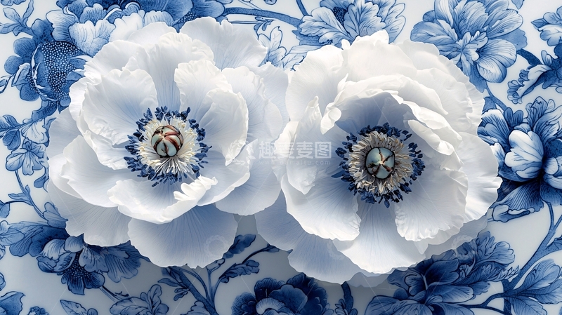 高清大图下载【趣麦麦图】青花瓷风格的白花