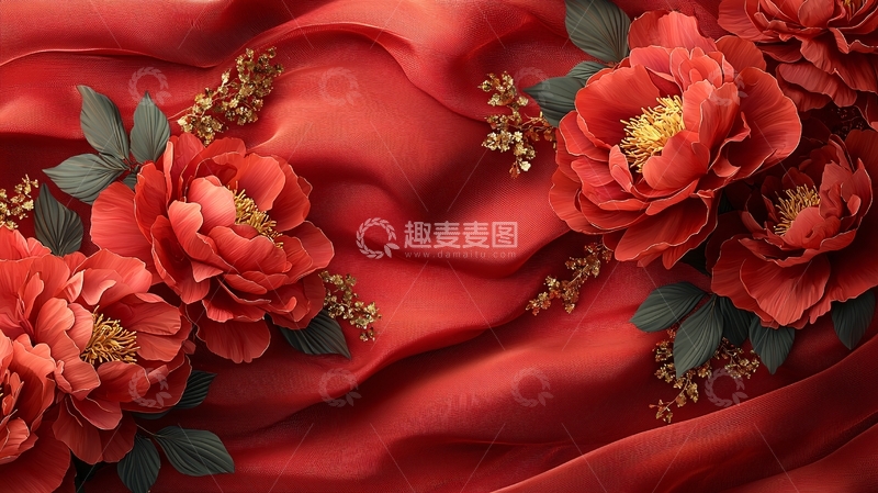 高清大图下载【趣麦麦图】红色丝绸上的牡丹花